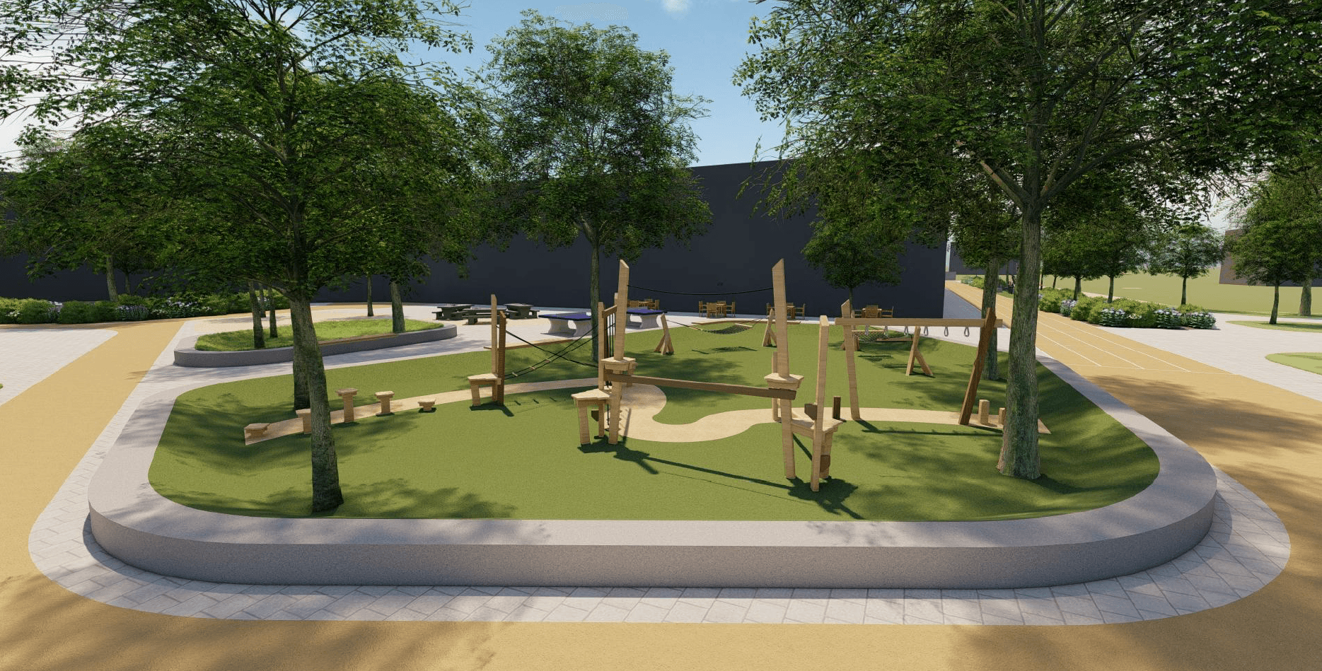 Example impression of the front of the square with wooden elements